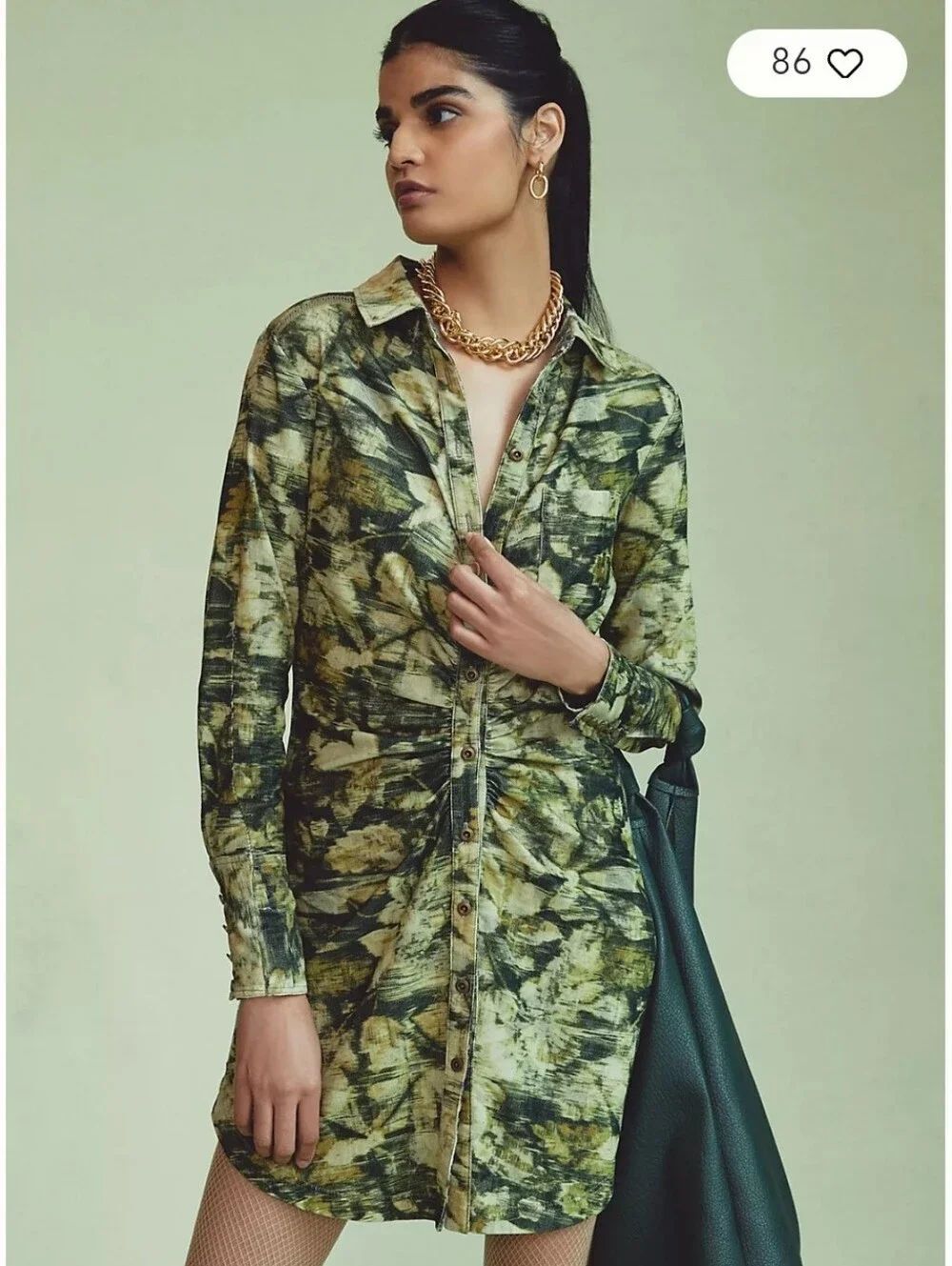 Pilcro Ruched Green Print Corduroy Shirtdress Sz 12